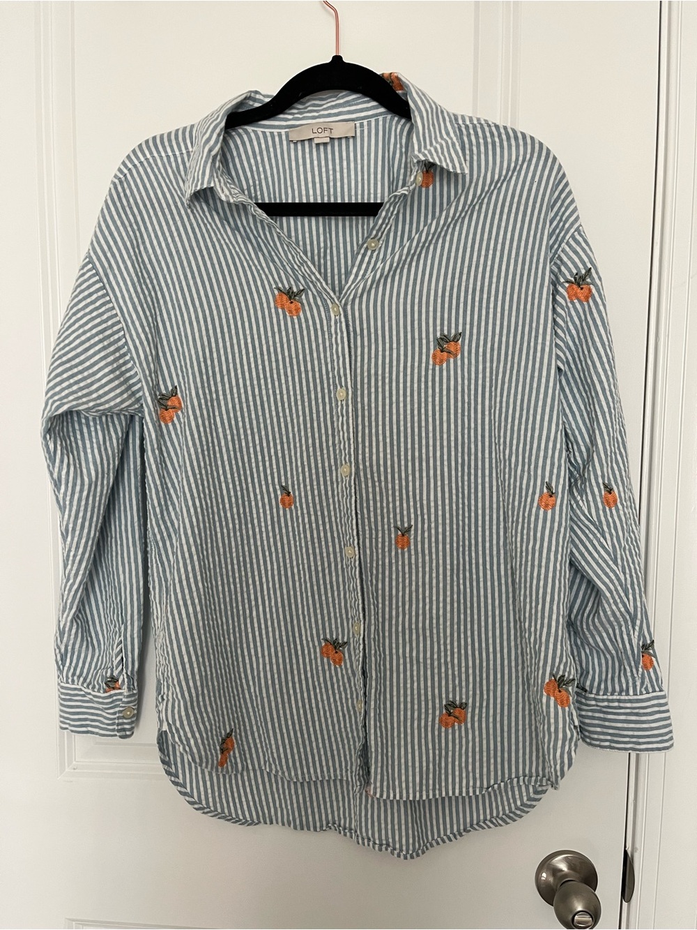 LOFT Blue and White Striped Seersucker Button Down with Embroidered Oranges - M